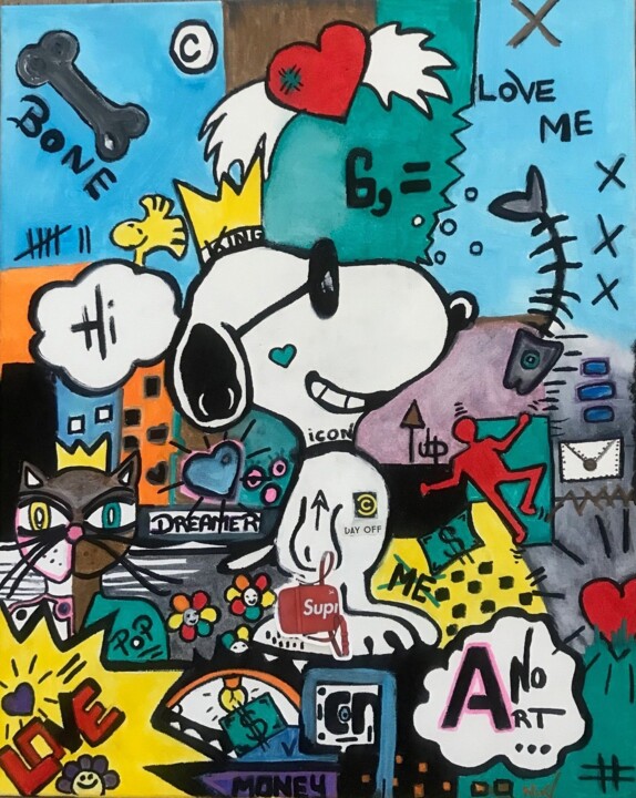 Schilderij getiteld "Snoopy s day off" door Nikv, Origineel Kunstwerk, Acryl