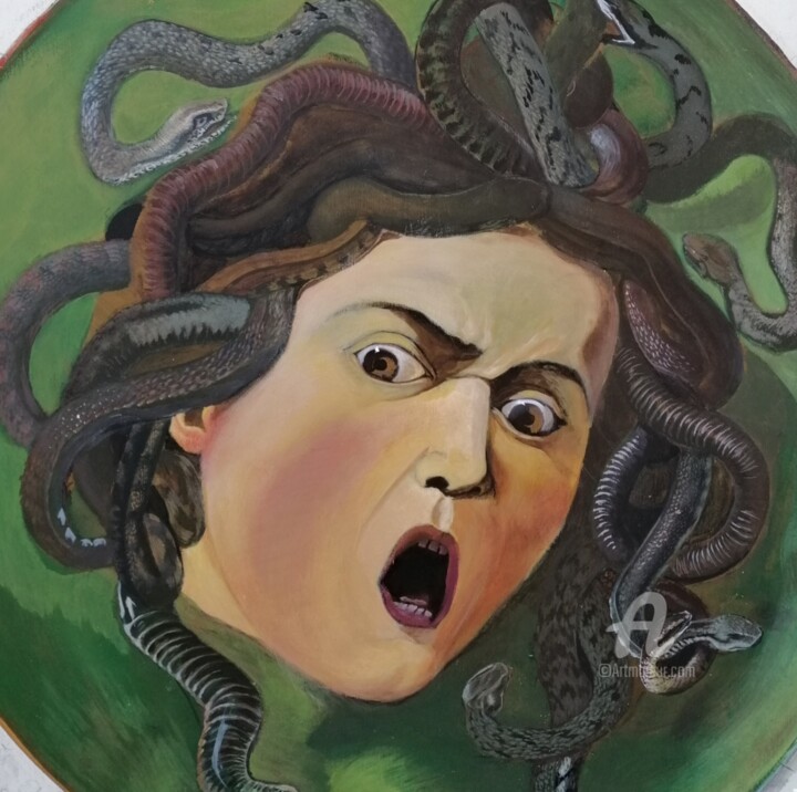 Painting titled "Morte di medusa" by Nik, Original Artwork, Acrylic Mounted on Wood Panel