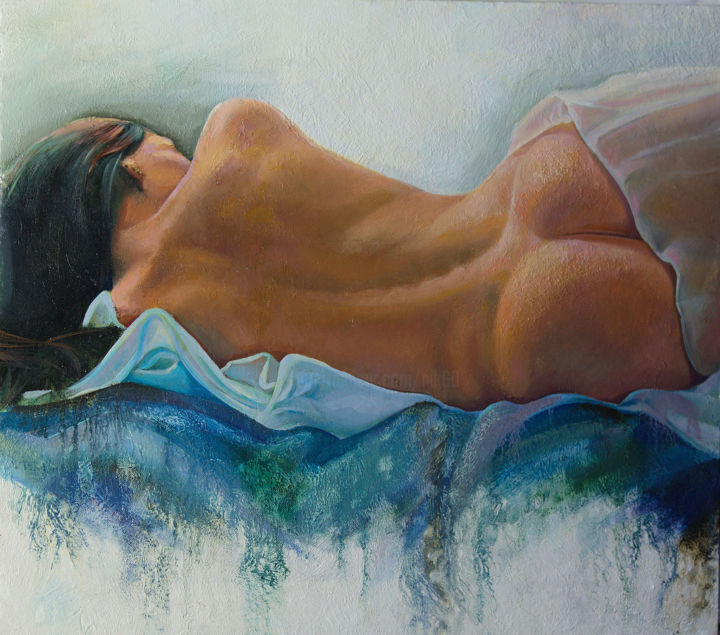 Painting titled "Brunette in Repose" by Sergey Lesnikov, Original Artwork, Oil