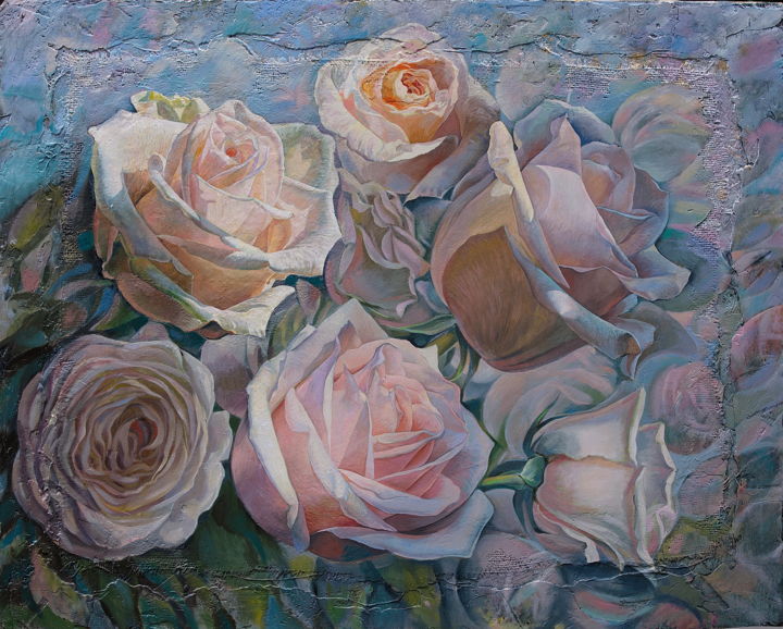 Painting titled "Roses" by Sergey Lesnikov, Original Artwork, Oil