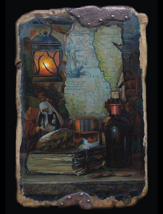 Painting titled "Still life with a m…" by Sergey Lesnikov, Original Artwork, Oil