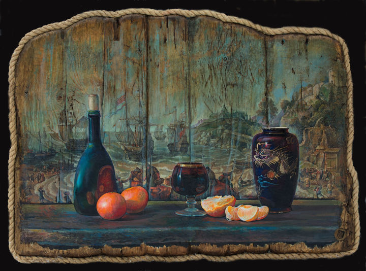 Painting titled "Tangerines and a dr…" by Sergey Lesnikov, Original Artwork, Oil