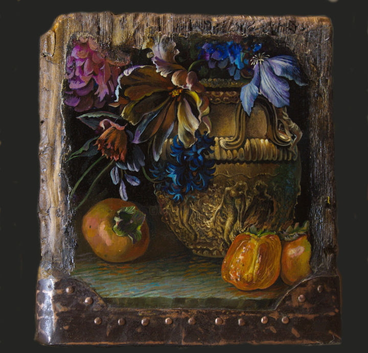 Painting titled "Golden vase" by Sergey Lesnikov, Original Artwork, Oil