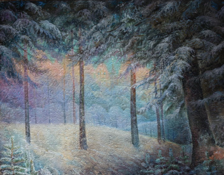 Painting titled "Winter" by Sergey Lesnikov, Original Artwork, Oil