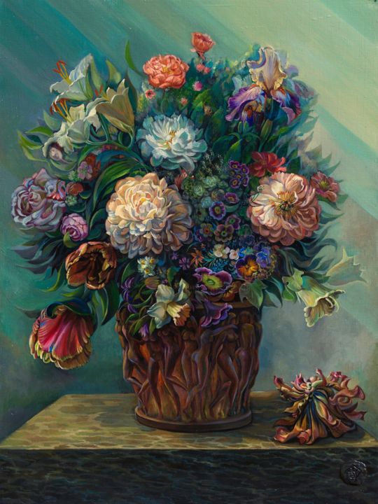 Painting titled "Flowers in a vase." by Sergey Lesnikov, Original Artwork, Oil