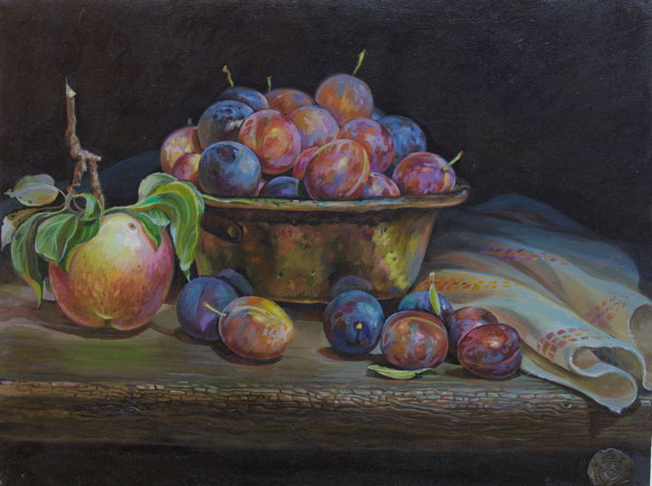 Painting titled "Plums" by Sergey Lesnikov, Original Artwork, Oil