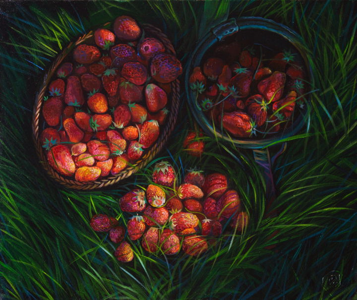Painting titled "Strawberry field" by Sergey Lesnikov, Original Artwork, Oil
