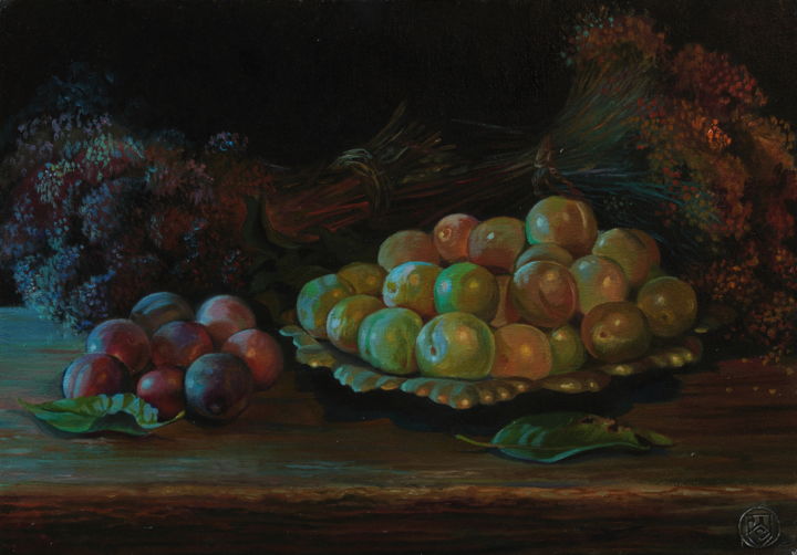Painting titled "Plums 2" by Sergey Lesnikov, Original Artwork, Oil