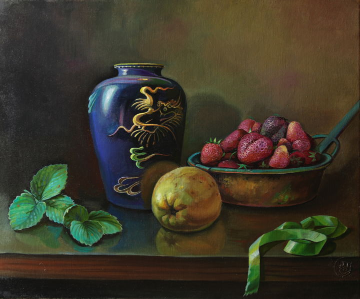 Painting titled "Still life with gre…" by Sergey Lesnikov, Original Artwork, Oil