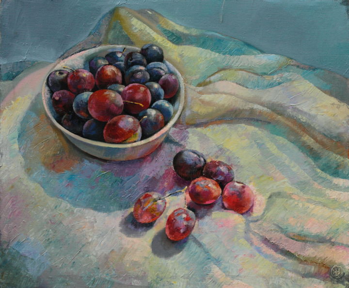 Painting titled "Sunny plums" by Sergey Lesnikov, Original Artwork, Oil