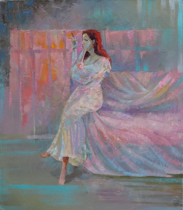 Painting titled "In the pink light" by Sergey Lesnikov, Original Artwork, Oil