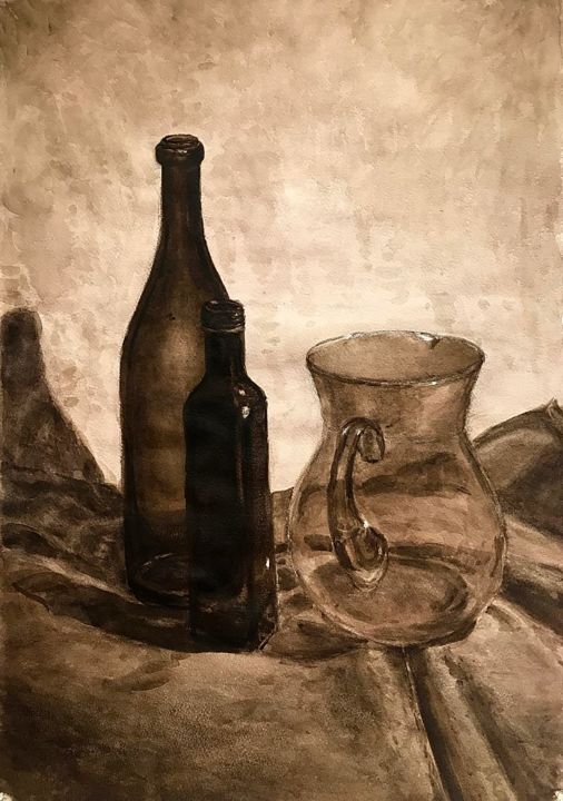 Картина под названием "Bottles" - Nika Glushkova, Подлинное произведение искусства, Акварель