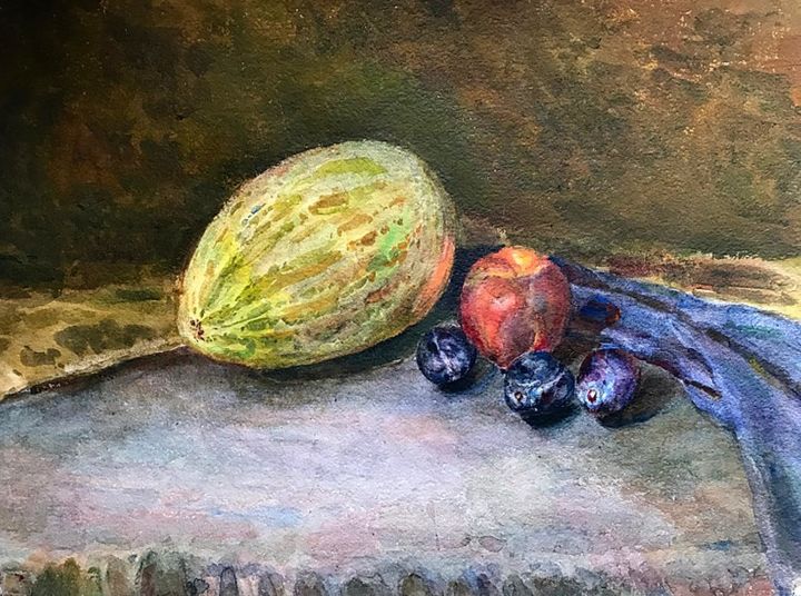 Картина под названием "Melon with fruit" - Nika Glushkova, Подлинное произведение искусства, Акварель