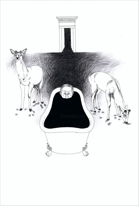 Dessin intitulée "Deers and Putin" par Veronika Bernard, Œuvre d'art originale, Encre