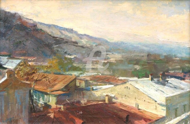 Painting titled "Roofs" by Nika Gabunia (nikagabunia), Original Artwork, Oil