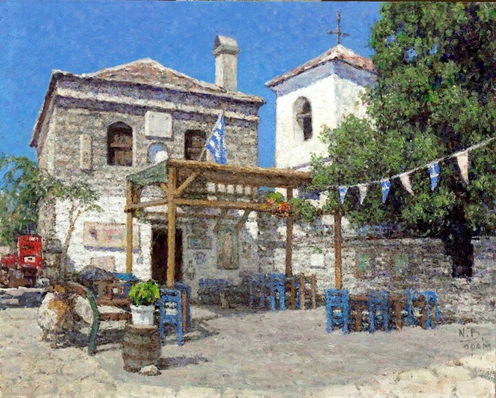 Schilderij getiteld "Greek Tavern in Tha…" door Nikolo Balkanski, Origineel Kunstwerk, Olie Gemonteerd op Houten paneel