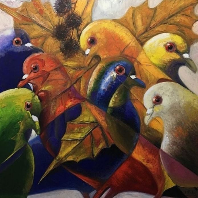 Painting titled "Autumn birds" by Nikea Art Gallery Sanat Galerisi, Original Artwork, Airbrush