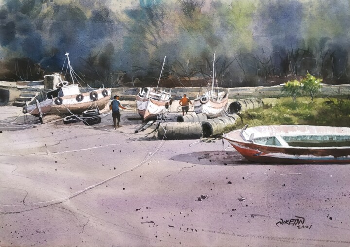 Schilderij getiteld "Fishing Boats" door Niketan Bhalerao, Origineel Kunstwerk, Aquarel