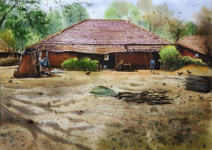 「Beauty of Rural Hou…」というタイトルの絵画 Niketan Bhaleraoによって, オリジナルのアートワーク, 水彩画