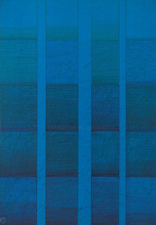 Gravures & estampes intitulée "Blue Manuscript" par Niki Kanagini, Œuvre d'art originale, Sérigraphie