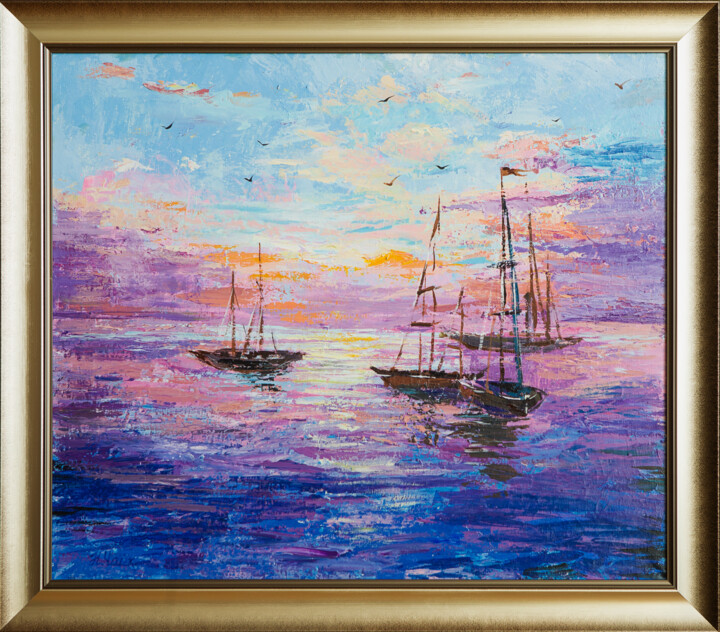 Painting titled "Утро для рыбаков" by Nikita Chaikovskiy, Original Artwork, Acrylic Mounted on Wood Panel