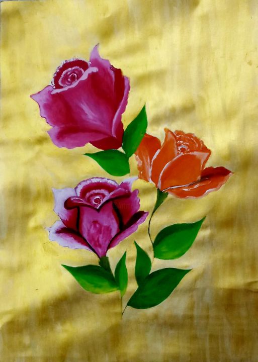 Painting titled "Rose flowers on Gol…" by Nikita Nandakumar, Original Artwork, Acrylic