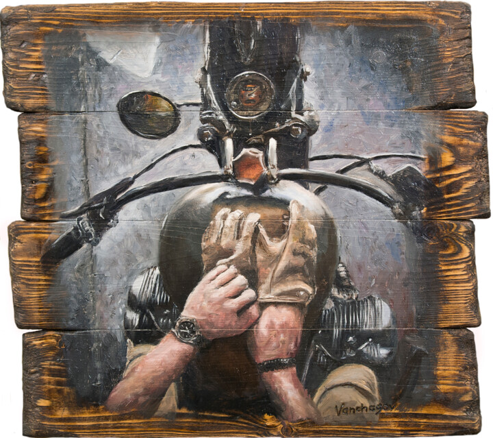Painting titled "Biker's View Garage…" by Nikita Van Chagov, Original Artwork, Oil
