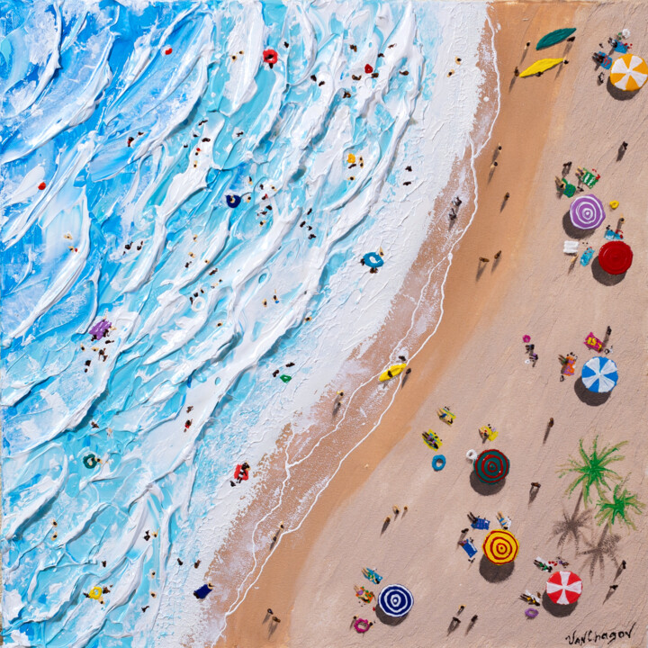 Schilderij getiteld "Square beach scene" door Nikita Van Chagov, Origineel Kunstwerk, Acryl