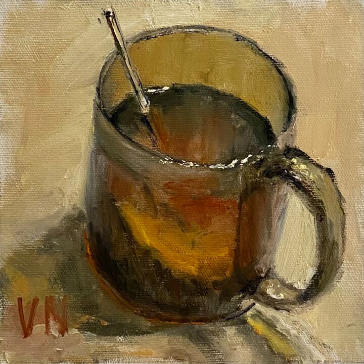 「The tea with lemon」というタイトルの絵画 Nikita Voloshinによって, オリジナルのアートワーク, オイル 段ボールにマウント