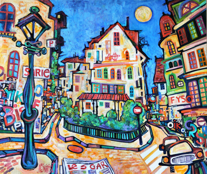 Painting titled "Moon, lantern and y…" by Nikita Ostapenco, Original Artwork, Oil