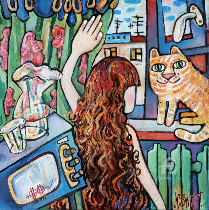 Painting titled "Morning and TV" by Nikita Ostapenco, Original Artwork, Oil Mounted on Wood Stretcher frame