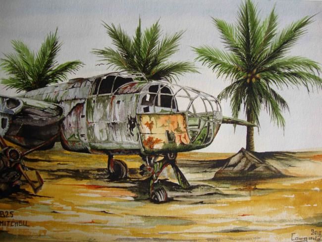 Painting titled "Epave d'un B25 MITC…" by Claude Cougoulat, Original Artwork, Watercolor