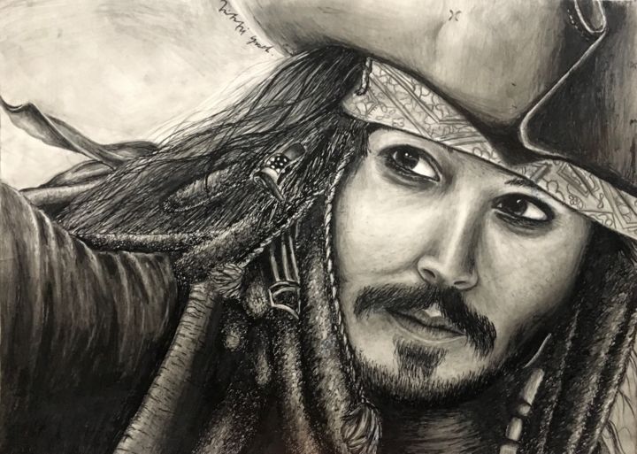 Disegno intitolato "Jack Sparrow Johnny…" da Nikki Snel, Opera d'arte originale, Grafite