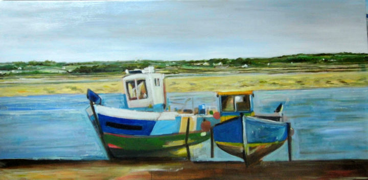 Painting titled "Mouillage-chalutier…" by Nikkos, Original Artwork, Oil