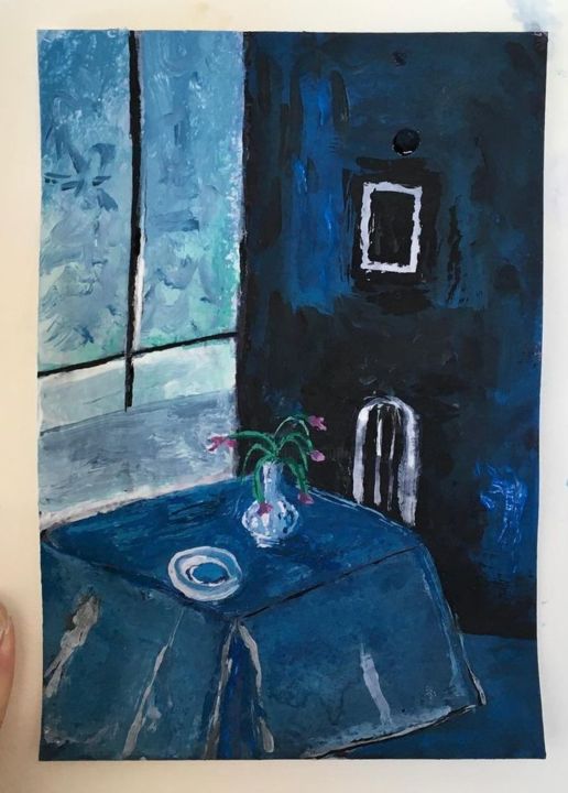 Painting titled "Blue interior" by Niklas Nydahl, Original Artwork, Watercolor