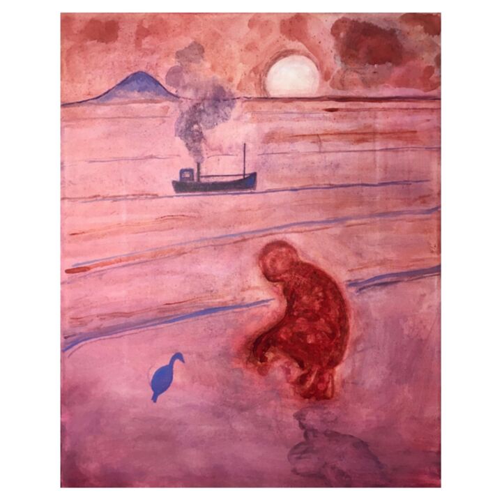 Painting titled "Man and bird" by Niklas Nydahl, Original Artwork, Watercolor