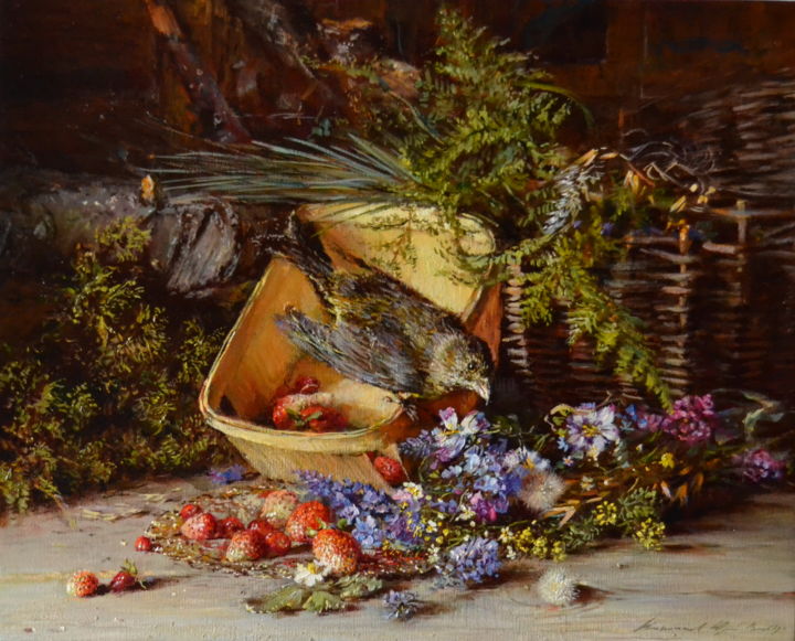 Painting titled "Натюрморт с птичкой." by Iurii Viktorovich Nikolaev, Original Artwork