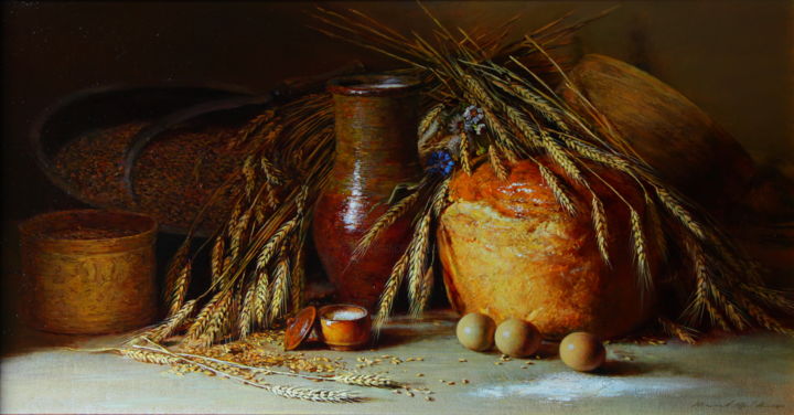 Painting titled "Натюрморт с хлебом" by Iurii Viktorovich Nikolaev, Original Artwork, Oil Mounted on Wood Stretcher frame