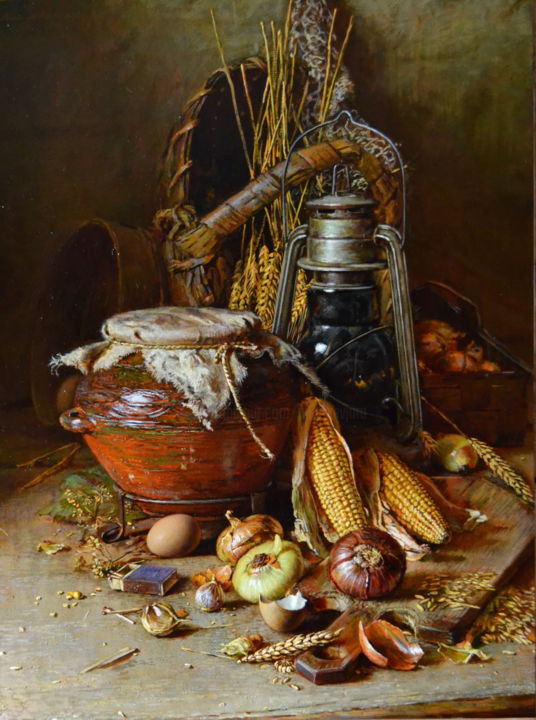 Pittura intitolato "Натюрморт с кукуруз…" da Iurii Viktorovich Nikolaev, Opera d'arte originale, Olio