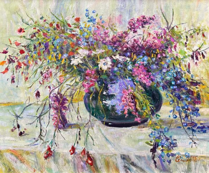 Pintura intitulada "Wildflowers Gold of…" por Nikolai Chebotaru, Obras de arte originais, Óleo
