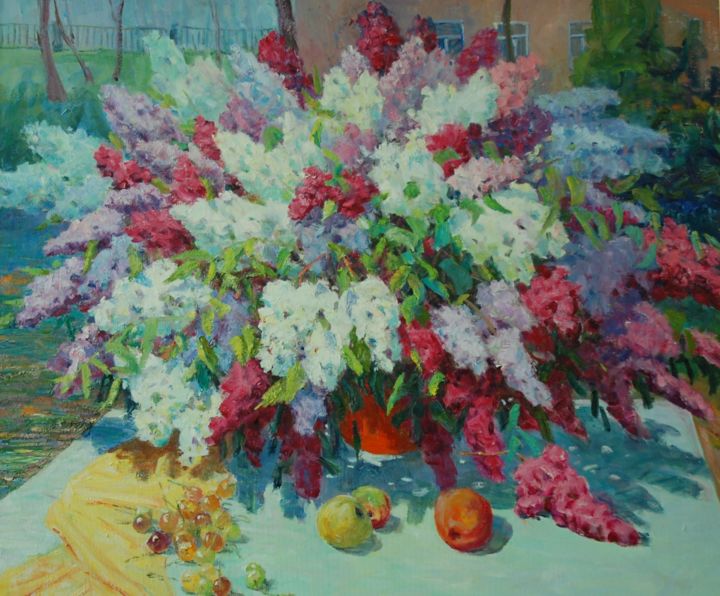Painting titled "Lilac Bouquet" by Nikolai Chebotaru, Original Artwork, Oil