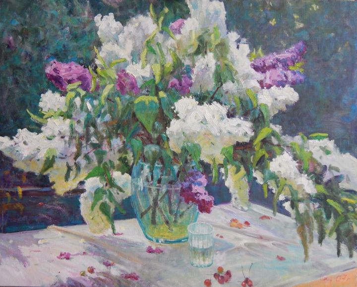 Painting titled "Lilac in kontrazhure" by Nikolai Chebotaru, Original Artwork, Oil