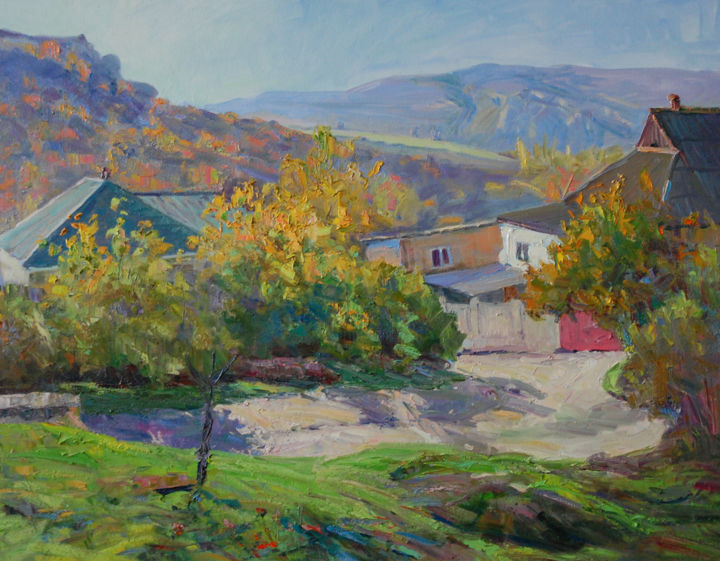 Painting titled "Mountain village" by Nikolai Chebotaru, Original Artwork, Oil