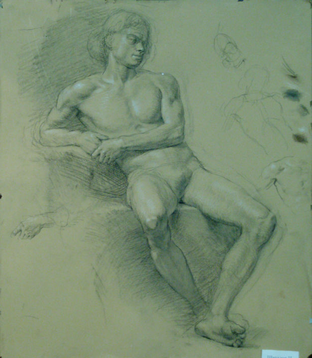 Drawing titled "Sitting male nude" by Nikolai Shatalov, Original Artwork, Chalk