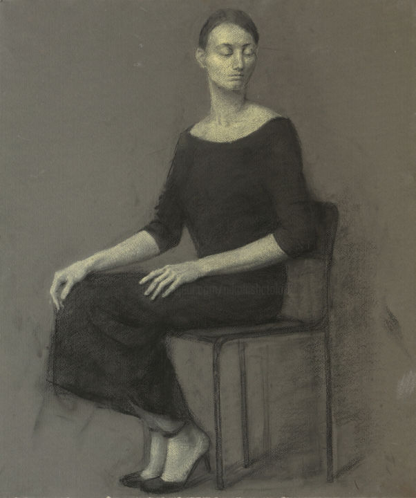 Drawing titled "Sitting woman." by Nikolai Shatalov, Original Artwork, Chalk