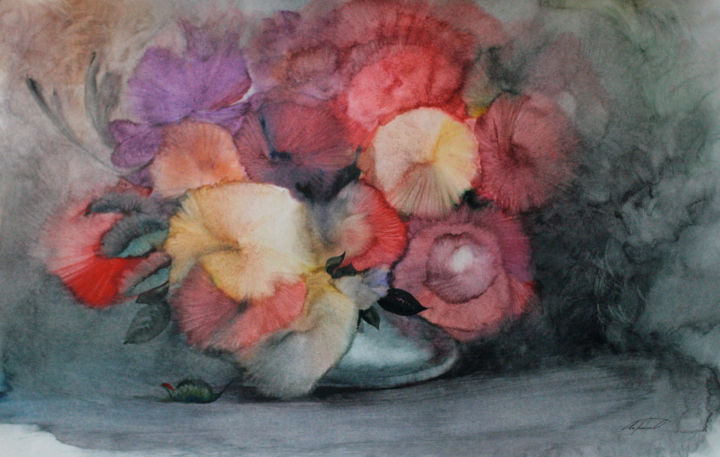 Pintura intitulada "Flowers" por Nikolay Biryukov, Obras de arte originais, Aquarela