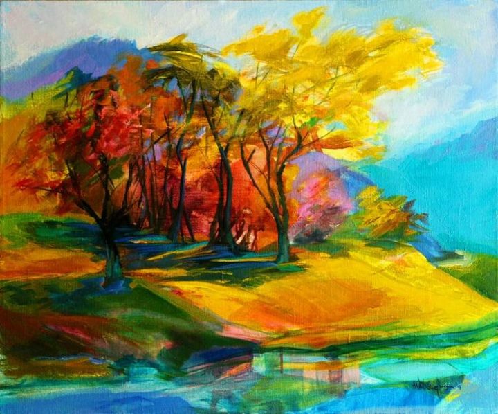 Painting titled "Autumn river" by Nikolay Kocherzhuk, Original Artwork, Oil