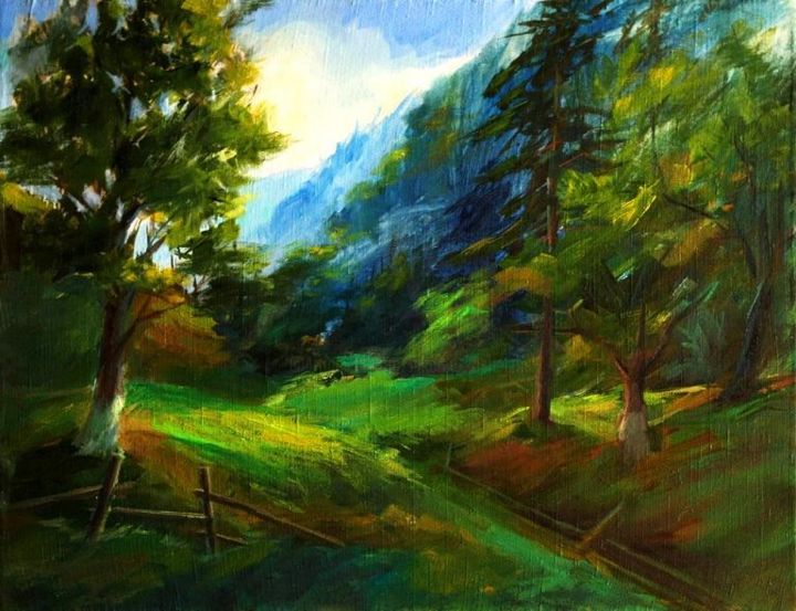 Painting titled "View of the mountain" by Nikolay Kocherzhuk, Original Artwork, Oil