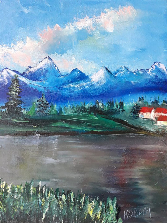 Painting titled "In the mountains" by Nikolay Kovin, Original Artwork, Oil