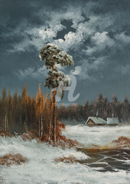 Malerei mit dem Titel "Moonlit night, wint…" von Nikolay Lyamin, Original-Kunstwerk, Öl